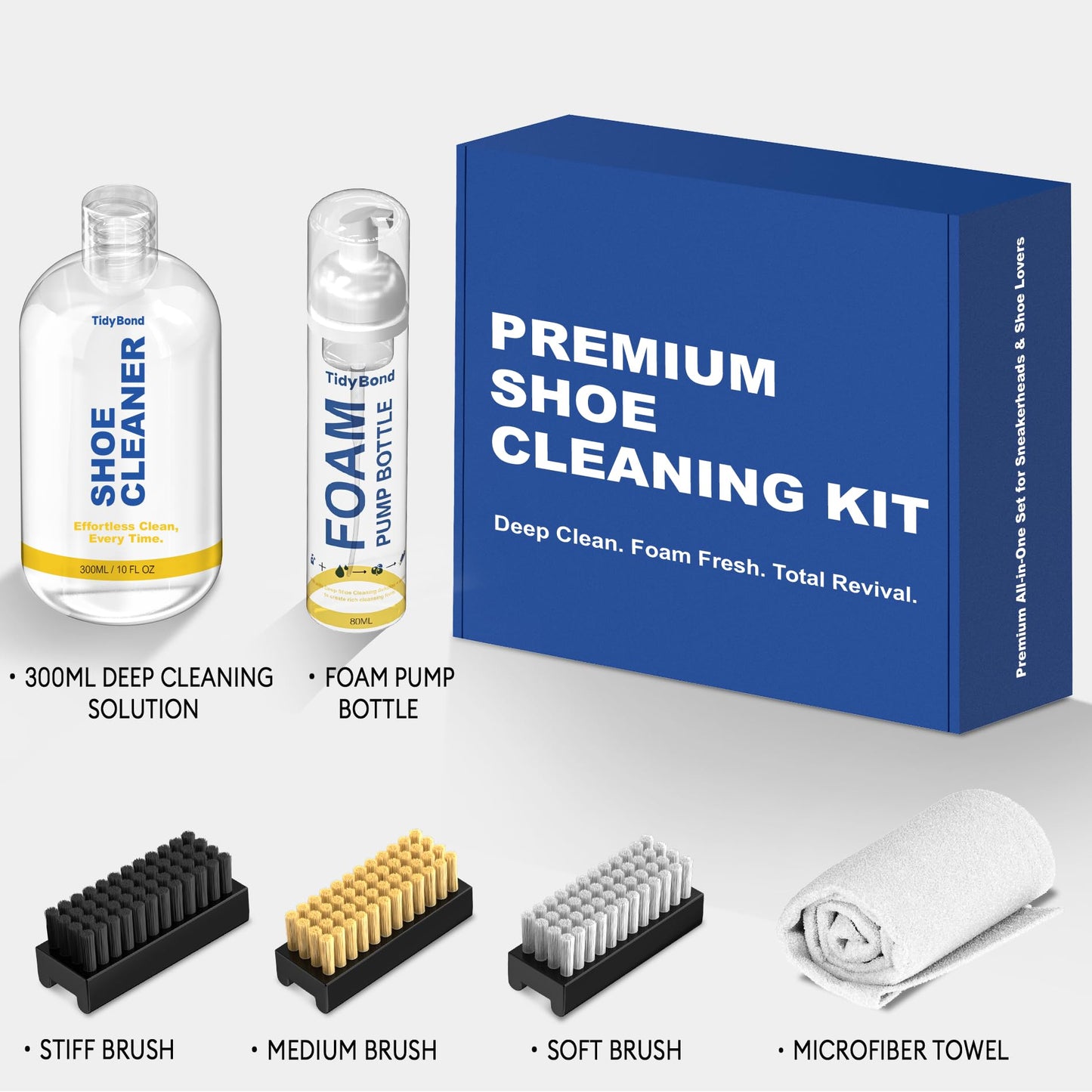 Tidybond Shoe Cleaner Kit for Sneakers – 10.6oz Premium Shoe Cleaning Set with 3 Brushes & Microfiber Towel, Sneaker Cleaner for White Shoes, Boots, Leather, Suede, Canvas, Mesh, PU & Fabric