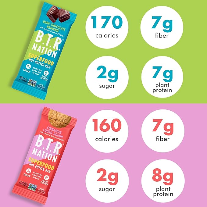 B.T.R. Nation Superfood Keto Protein Bars, Plant Based Vegan - Cinnamon Cookie Dough & Dark Chocolate Brownie | 12 Pack of Each | Low Carb, GF & Calorie, No Sugar Alcohols, Boosted with Superfoods