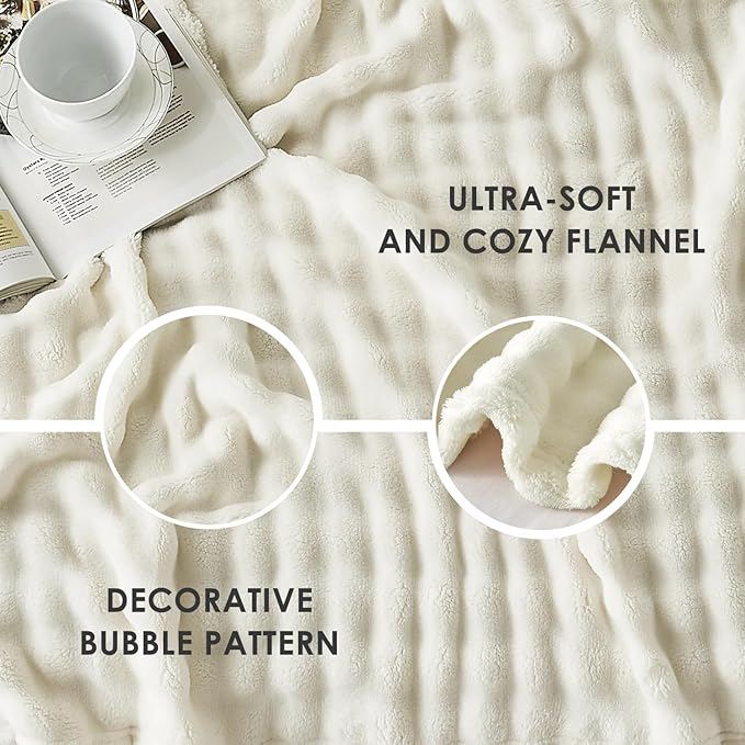 SOCHOW Cream White Bubble Fleece Blanket for Couch, Super Soft Cozy Cute Throw Blanket for Women, Decorative Fuzzy Flannel Blanket, 50 x 60 Inches