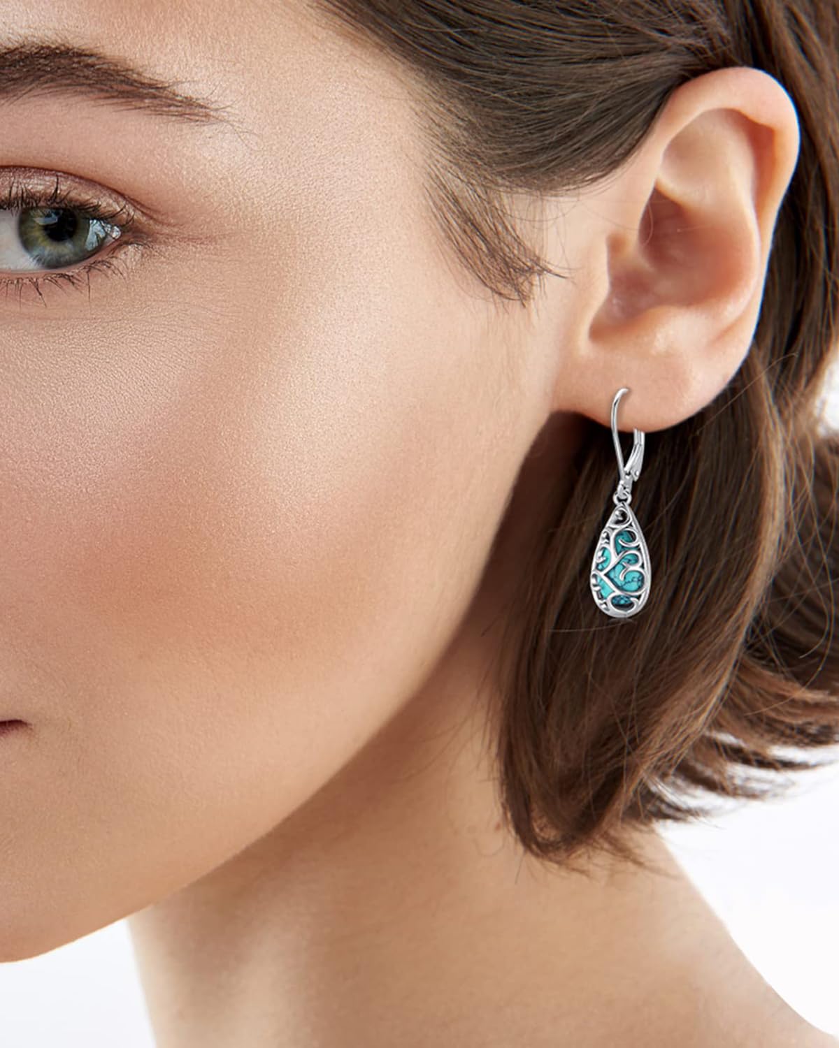 BDL Filigree Genuine Turquoise Teardrop Leverback Earrings Sterling Silver Dangle Drop Jewelry for Women