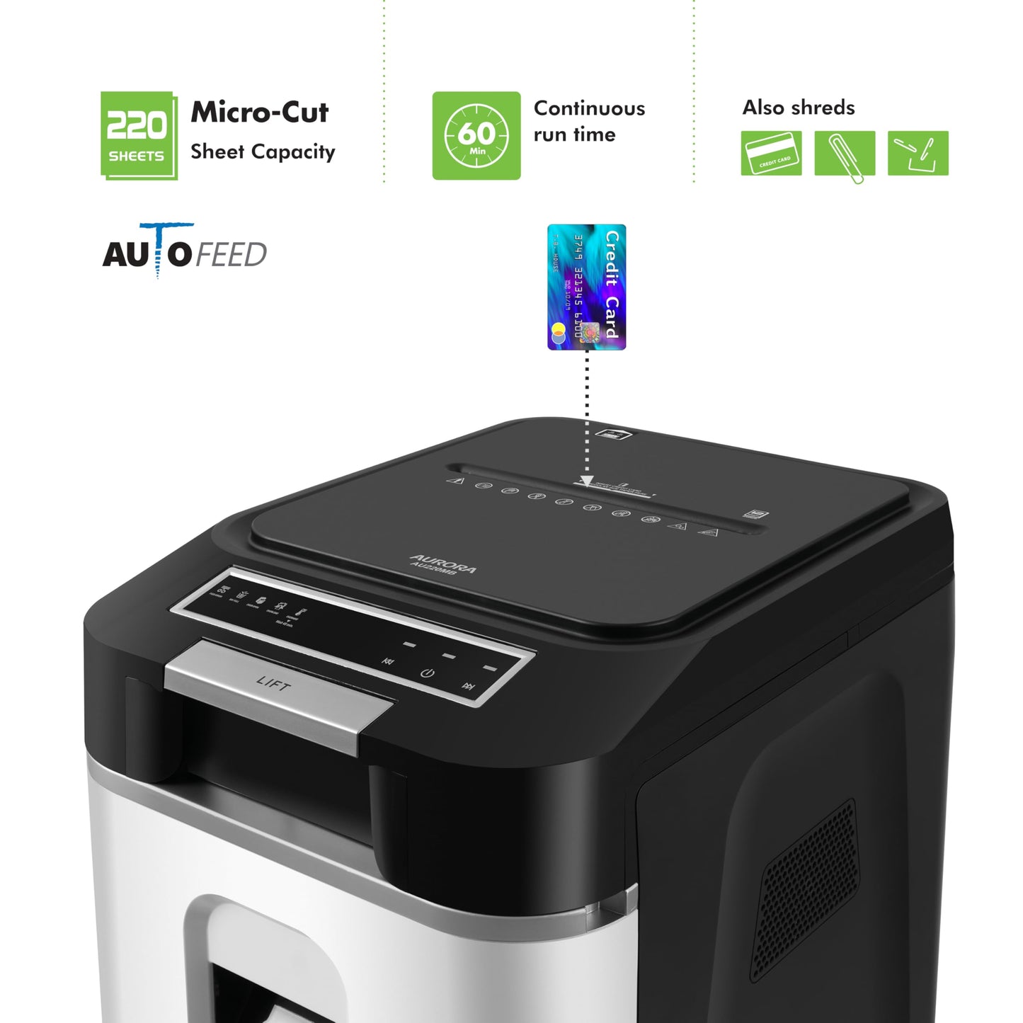 Aurora Commercial Grade 220-Sheet Auto Feed High Security Micro-Cut Paper Shredder/ 60 Minutes/Security Level P-5
