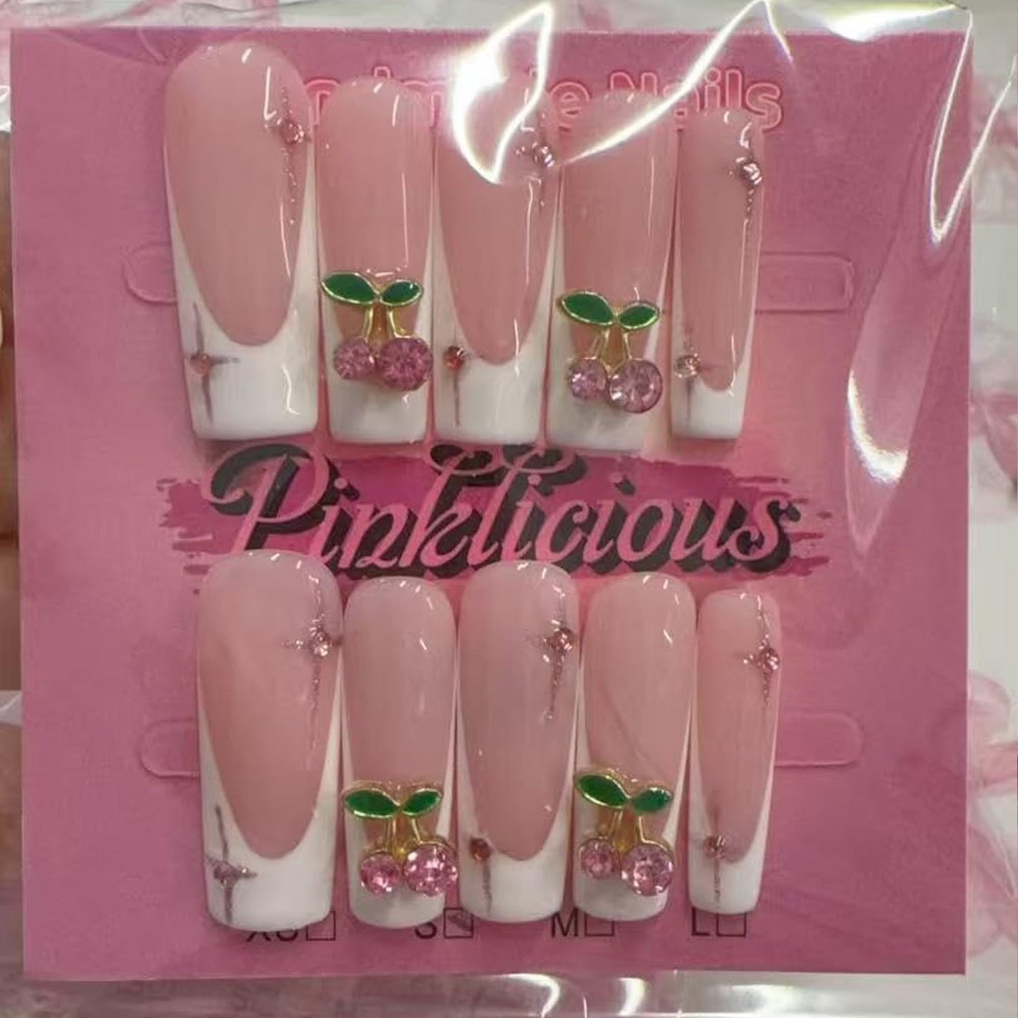 Pinktlicious Pink French Tip Press On Nails - Long Coffin Reusable False Nails with Cherry Rhinestones, Glue-On Artificial Nails for Women’s Daily & Party Manicure (L)