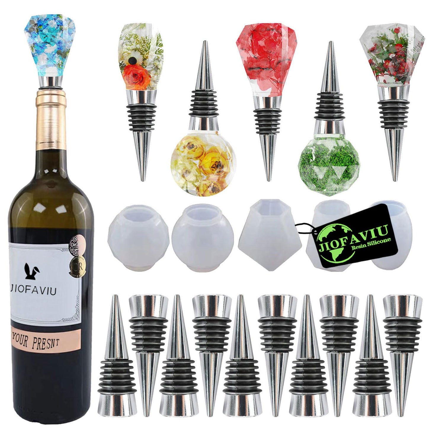JIOFAVIU 15 Pcs Resin Wine Bottle Stopper Molds Set, Wine Stopper Silicone Molds for Epoxy Resin (5 Molds and 10 Stoppers)