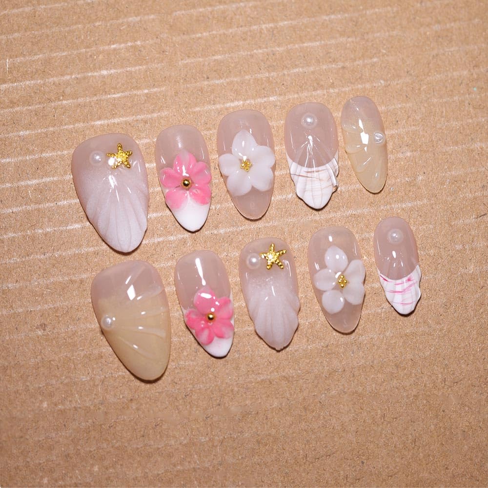 10 Short Almond Handmade Press On Nails | Coastal-Inspired 3D Floral & Starfish Nude & Pearl Accent False Nails,New styles | Skip Salon Trips, Easy to Apply & Remove, Reusable (251107, S)