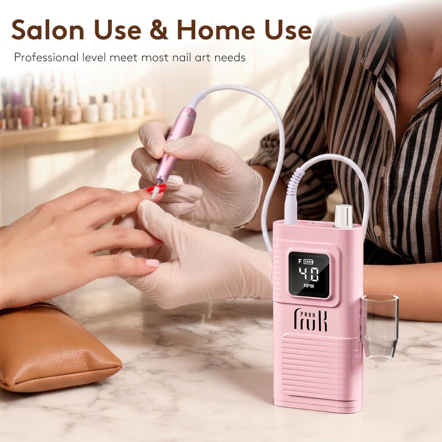 Pruk Professional Electric Nail Drill Kit, Portable 40000RPM Cordless E-File with LCD Display, 7 Drill Bits & 56 Sanding Bands, Manicure Nail Machine for Salon Home, Training & Travel, Pink