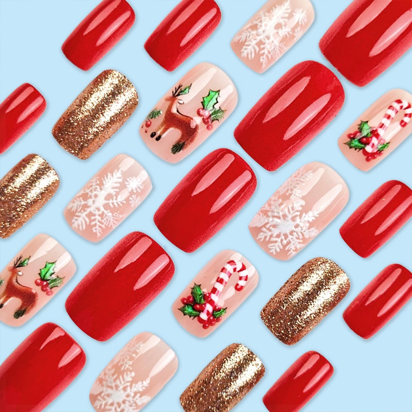 LWTZLW Christmas Press on Snowflake Elk Medium Square False Nails Gift Cane Glue on Nail Gold Glitter Design Acrylic Fake Nails Winter Artificial Glossy Nail Reusable for Women