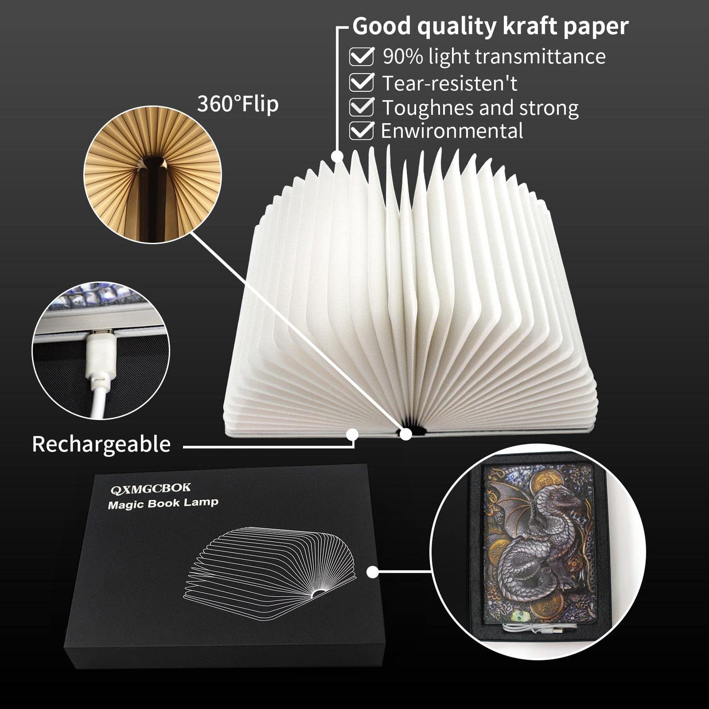 QXMGCBOK Novelty 3D Dragon Embossed Magic Book Lamp,Personalized Night Light,Sleep aid Machine,Sound Machine for Sleeping， Unique Gifts