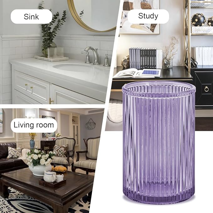 Toothbrush Holders for Bathrooms, Purple Glass Toothbrush Holder and Bathroom Tumbler Cup, 12oz Gold Bathroom Storage Cups, Tooth Brush Cup Holder Organizer for Toothpaste, Brushes, Razor