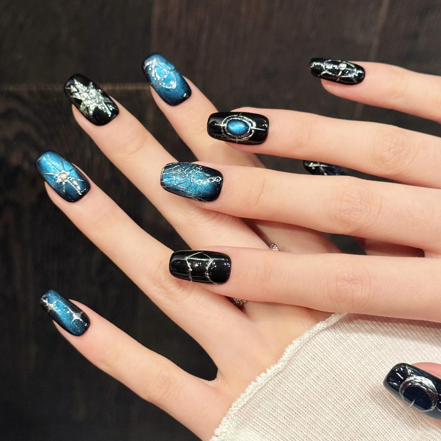 Yacey Blue Galaxy Handmade Press on Nails, Medium Square Reusable False Nails Press Ons, Luxury Hand-Painted Cat Eyes Thick Acrylic Fake Nails, 3D Bling Glue on Nails for Women Girls (10 Pcs, S)