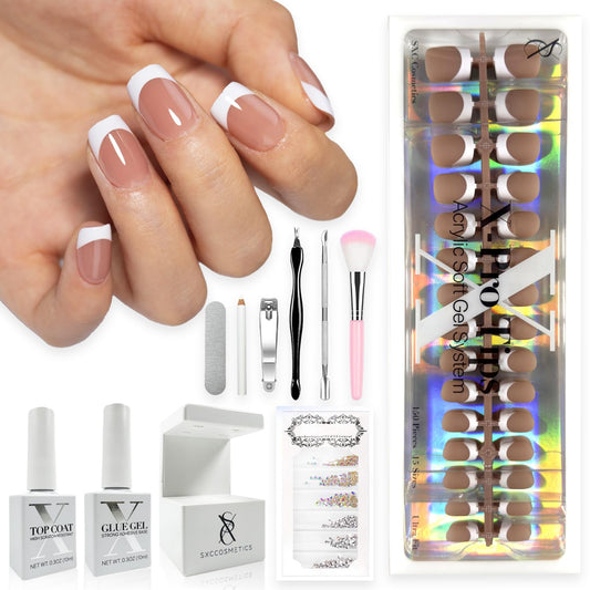 SXC Cosmetics French Tip Press On Nails – Brown Series, Extra Short Square Fake Nails X-Pro Tips Starter Kit | 150PCS, 15 Sizes, 5 Styles