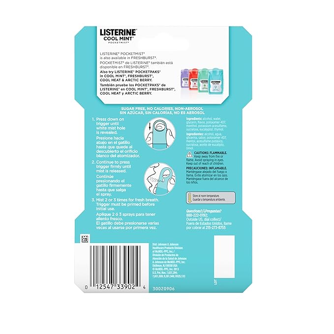 Listerine Cool Mint Pocketmist, Oral Care Mist for Fresh Breath, Non-Aerosol Sugar-Free Bad Breath Refresher Spray to Kill 99% of Bad Breath Germs, Portable, Cool Mint Flavor, 1 Pack of 2 Sprays
