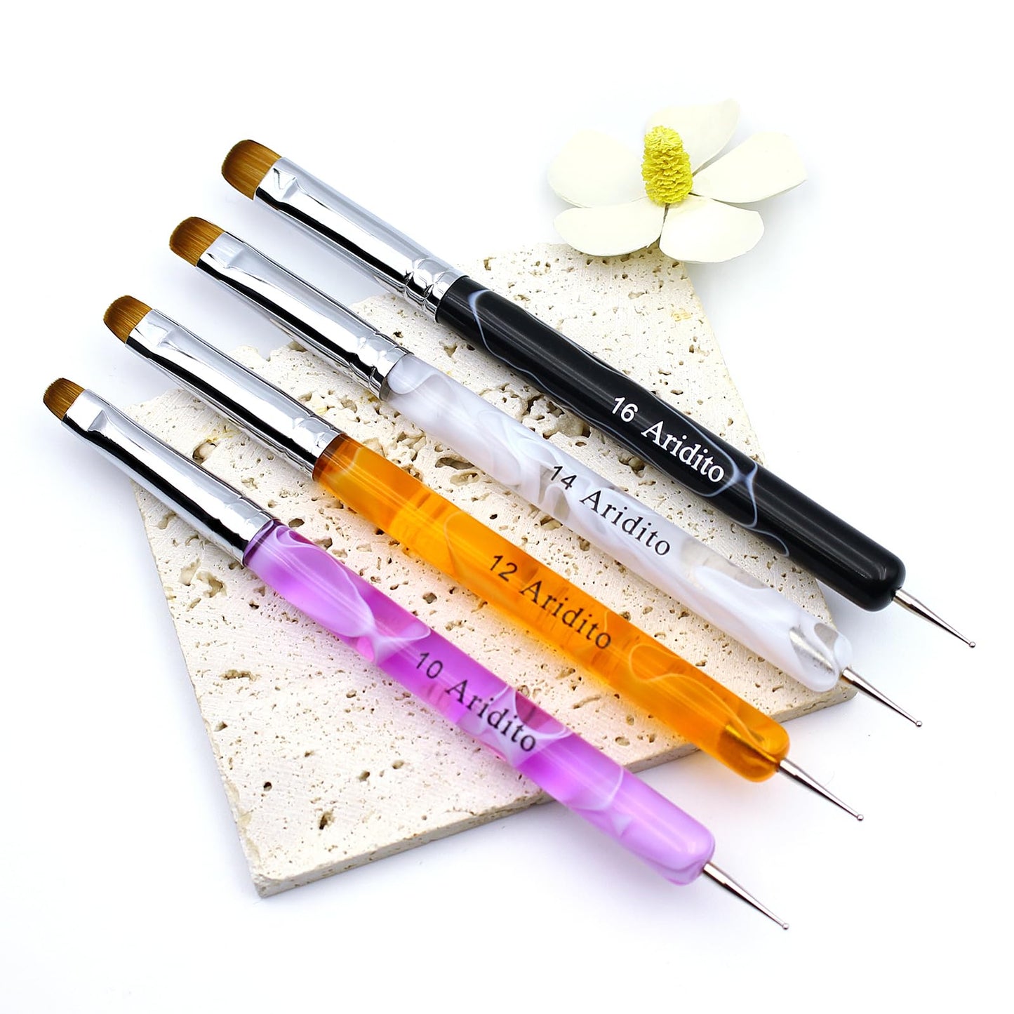 Aridito 4pcs Premium French Nail Art Brush & Dotting Tool - Professional Manicure Tool For Detailed Designs.(pink#10, Orange#12, White#14, Black#16)