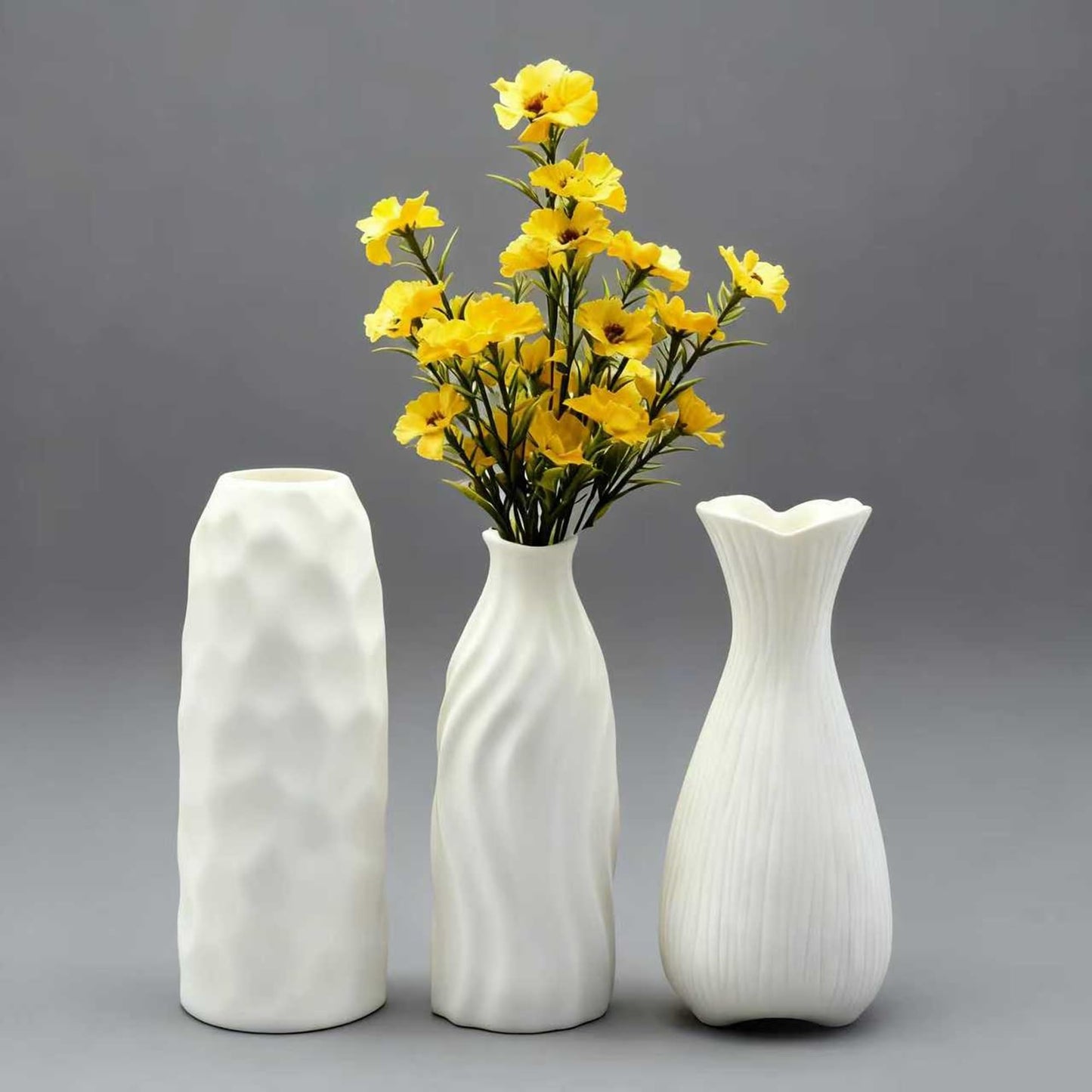 JKT Home White Ceramic Vase Set Home Decor – Farmhouse & Boho Decorative Vase Set for Kitchen, Living Room, Bedroom, Office, Bookshelf Decor, Bathroom, Centerpiece Table Decor