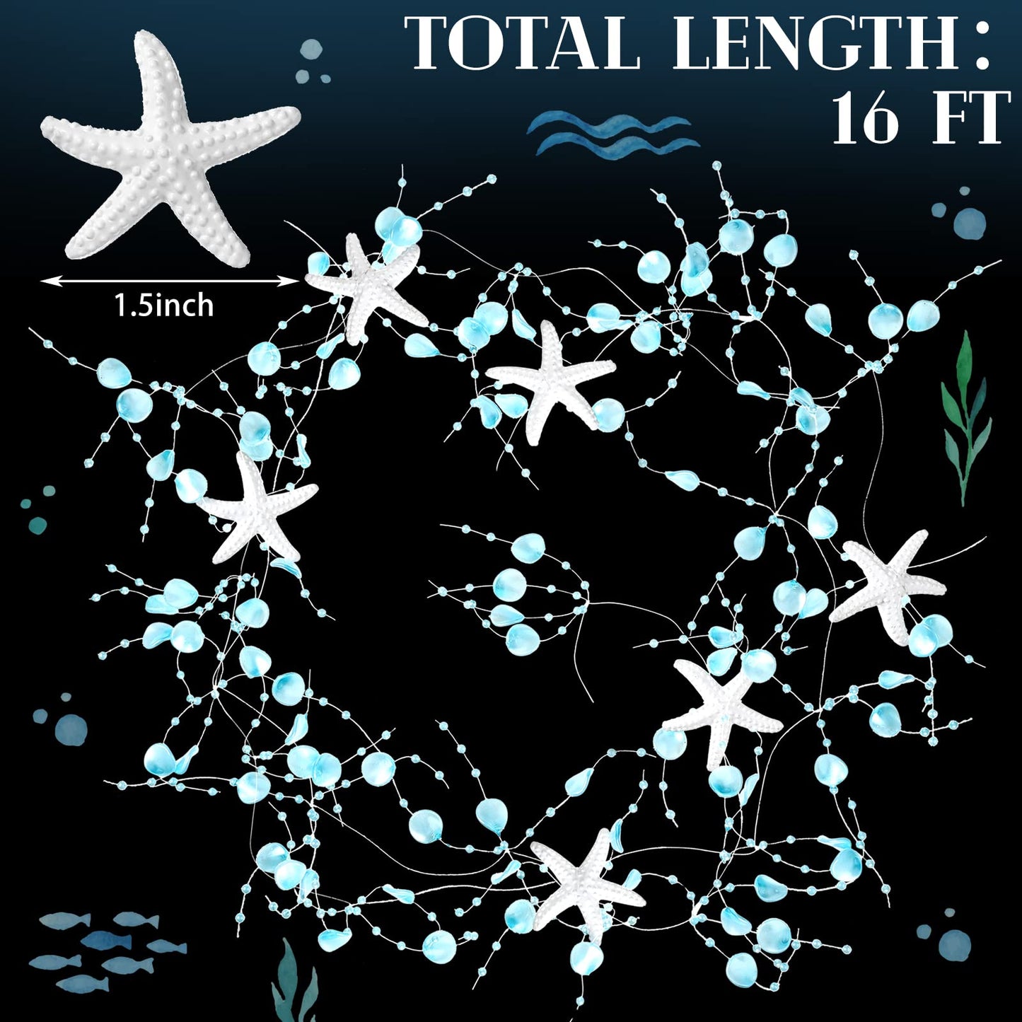16 ft Ocean Themed Garland Ocean Beaded Starfish Shell Decor Coastal Beaded Beach Garland for Mantle Fireplace Summer Wedding Home Decor Supply(Blue)