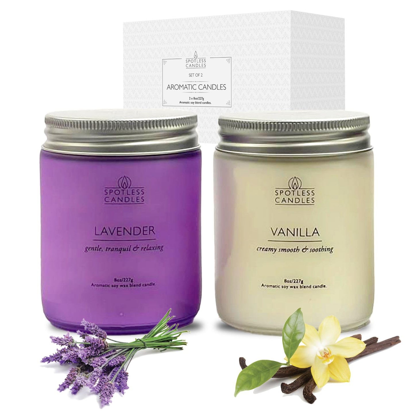 Aromatic Candles Two Pack - 2 x 8 oz Lavender & Vanilla in a Gift Pack, Classic Candle Set for Men and Women by Spotless Leopard