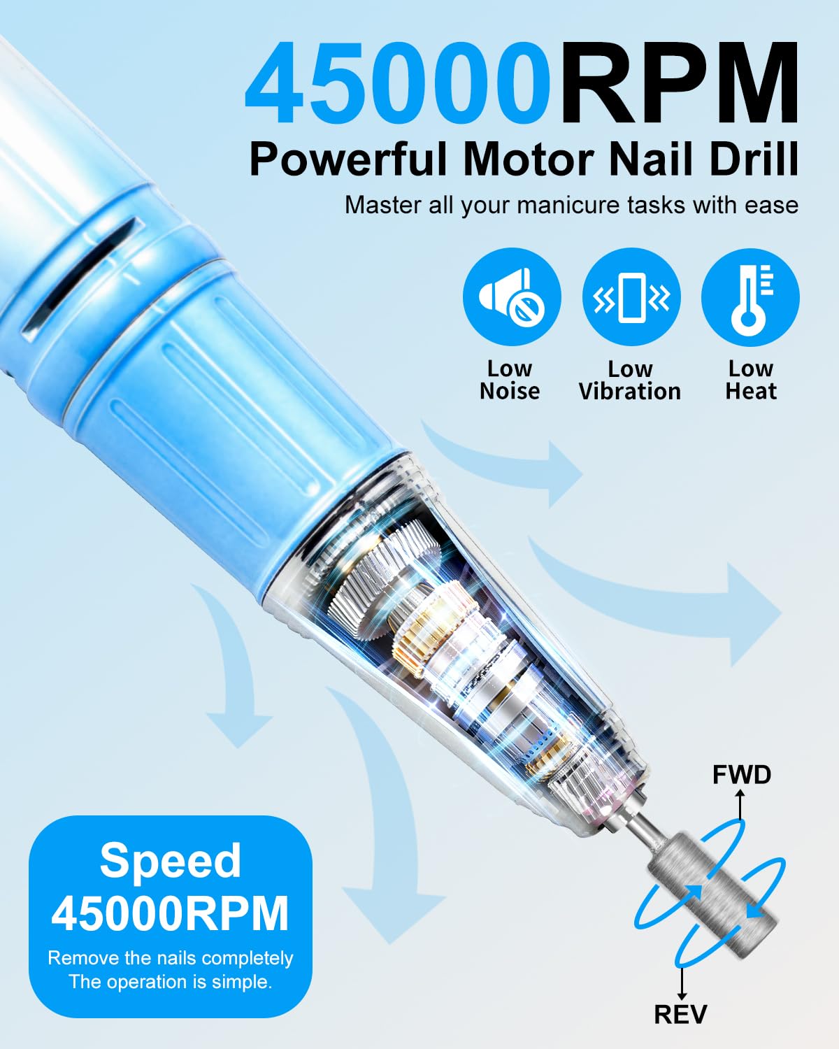 Moskany Professional Electric Nail Drill Kit 45000RPM Gradient Blue Cordless Rechargeable Nail File Machine with Nail Lamp Portable Efile Nails Drill for Acrylic Gel Nails