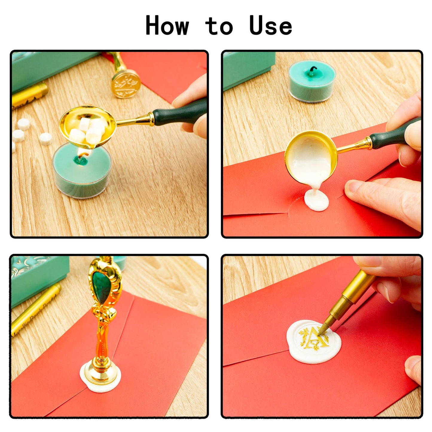 Letter Wax Seal Stamp, Ioggtser Alphabet R Wax Seal Stamp Set Including 1Pcs Copper Head with Iron Handle, 60 Pcs Wax Seal Beads, 1Pcs Wooden Melting Spoon, 2Pcs Candles, 1Pcs Wax Seal Pen
