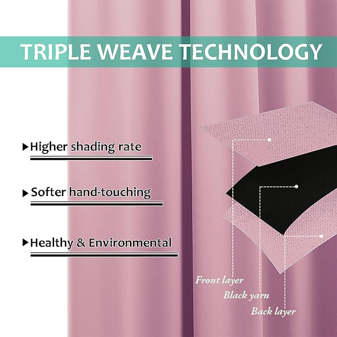 NICETOWN 100% Blackout Curtains with Black Liners, Thermal Insulated Full Blackout 2-Layer Lined Drapes, Energy Efficiency Window Draperies for Bedroom (Crystal Pink, 2 Panels, 70-inch W by 63-inch L)