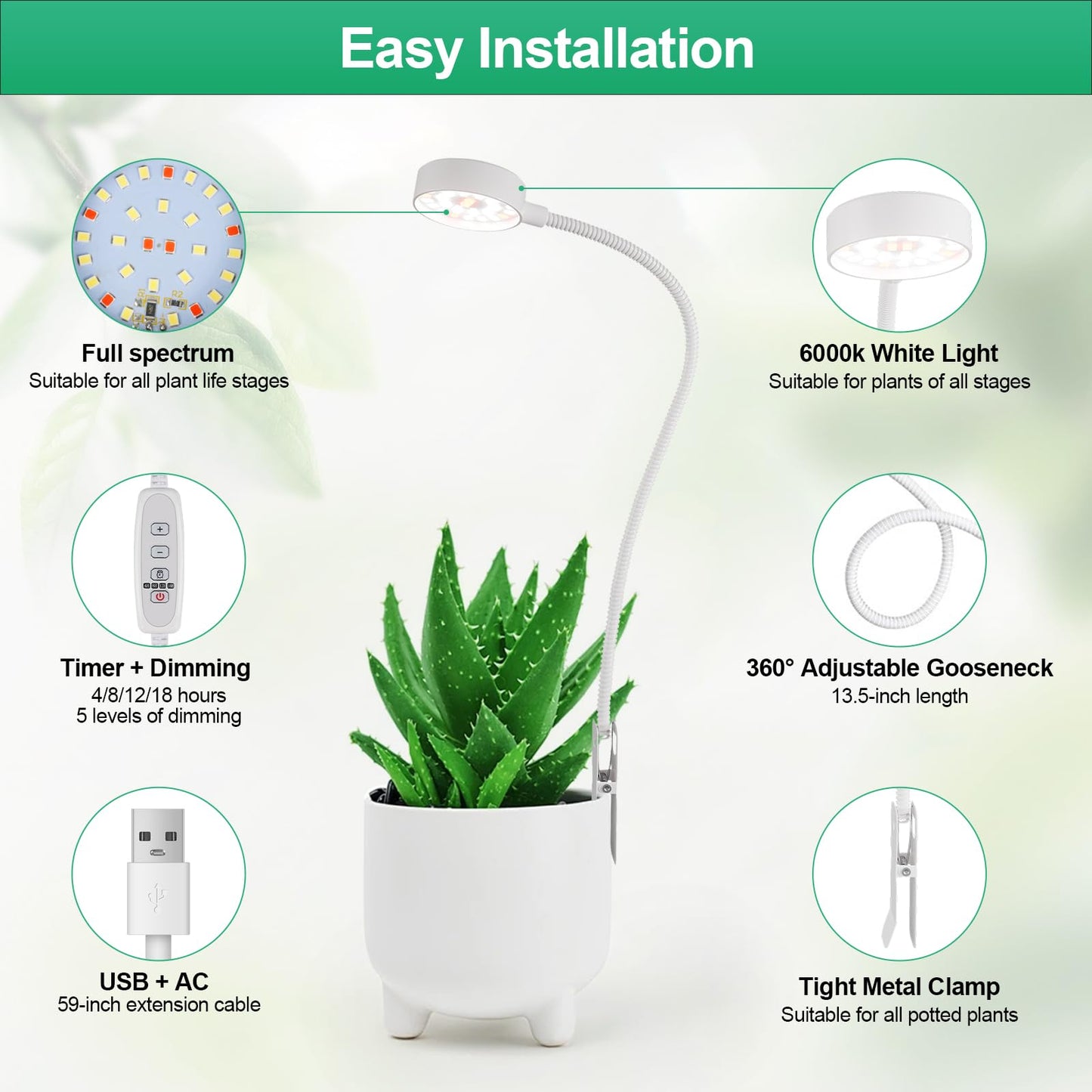 WeeLeeGoo Grow Light, Pot Clip LED Growing Lamp for Indoor Succulents Pot Mini Small Plants,6000K White Full Spectrum with 5-Level Dimmable, Auto Timer 4/8/12/18 Hrs