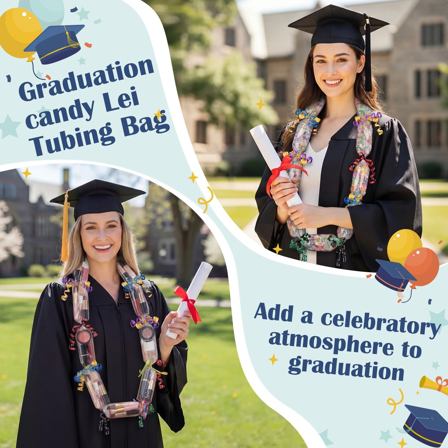 Spakon 60 Pcs 2.76 Inch x 59.06 ft Clear PE Poly Tubing Graduation Candy Wreath Making Kit, 6 Rolls 32.81 ft 6 Colors Ribbon for Graduation Packing DIY Snacks Candy Party Lei Kit