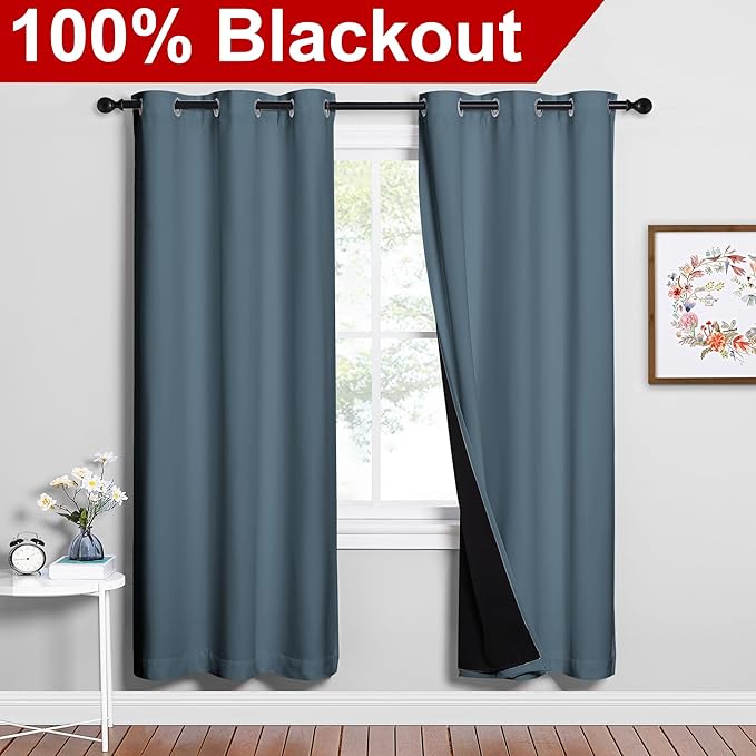 NICETOWN Smoky Blue Full Shade Curtain Panels, 37" Wide x 70" Long, Smoky Blue, Pair of Thermal Insulated & Energy Efficiency Blackout Drapes for Living Room, Lined Silky Performance Window Dressing