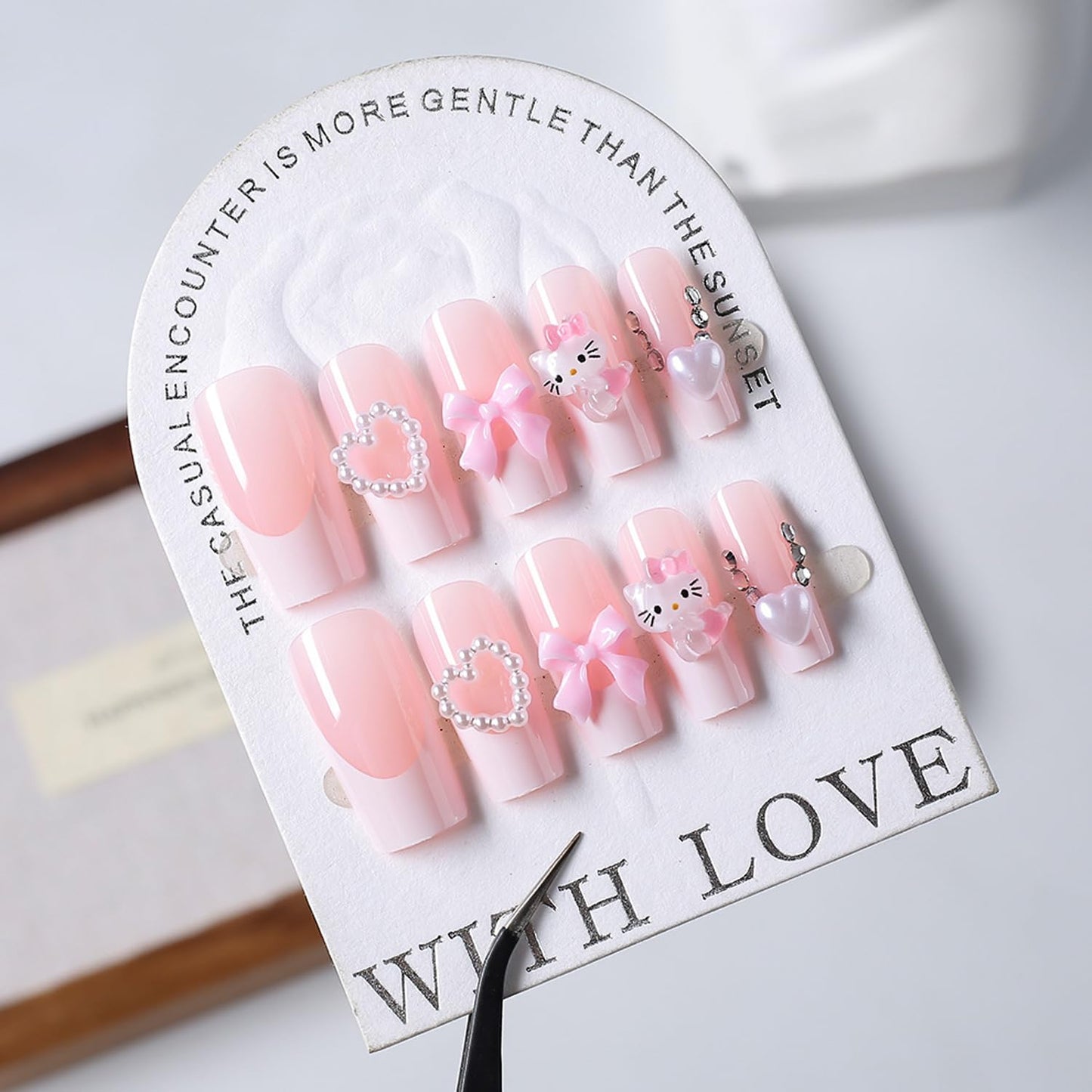 24pcs Cartoon Press on Nails Medium Square Fake Nails Heart-Shaped Bow Nails, French Tip Press on 3D Bows Heart False Nails Tips Cute Stick on Nails Full Cover Artificial Acrylic Nails for Women Decor