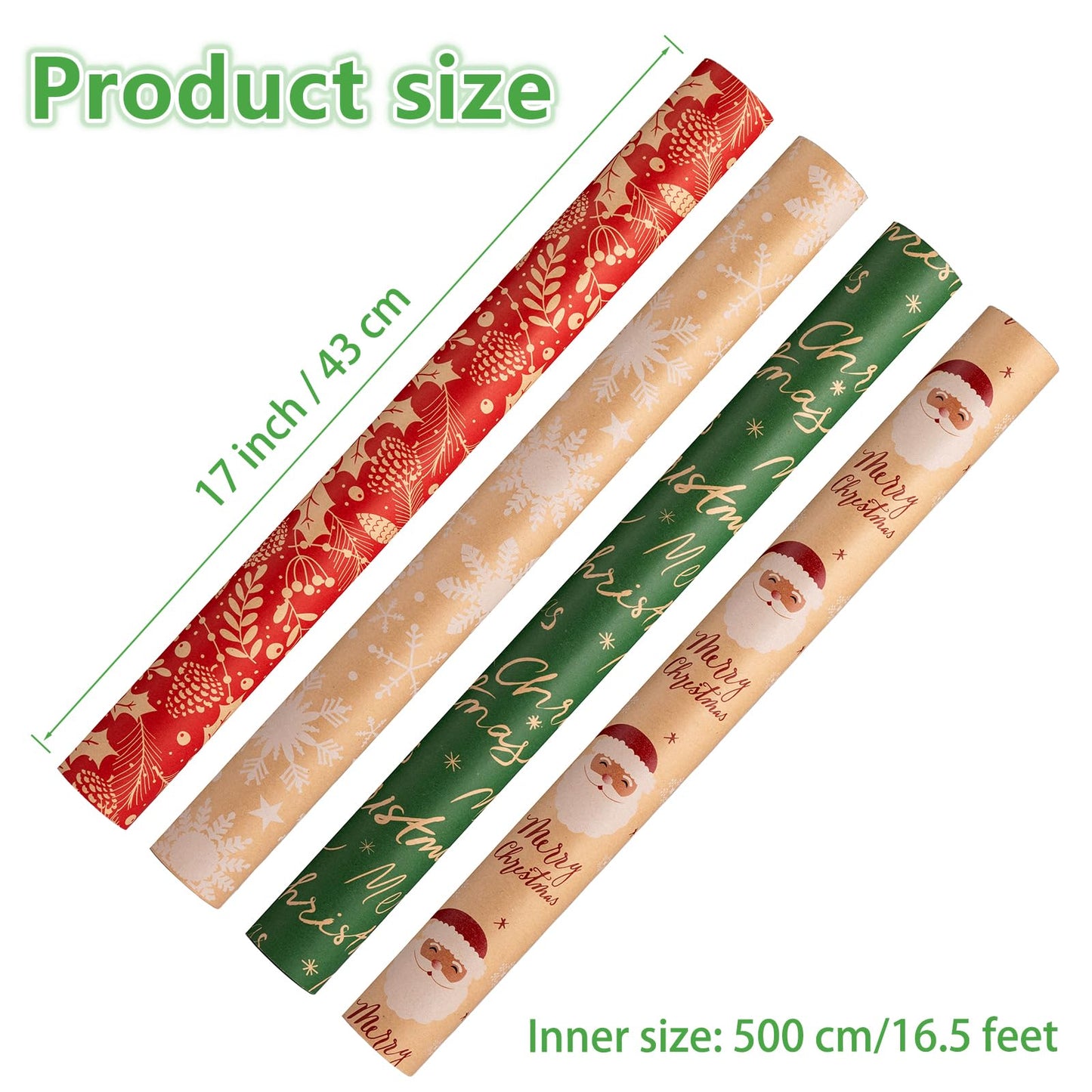 Christmas Kraft Wrapping Paper (4 Rolls, 93 sq. ft. ttl) Santa Claus, Snowflakes, Merry Christmas Script, Pinecones and Foliage Patterns for Holiday Gift Wrap - 17 Inches x 16.5 Feet Per Roll