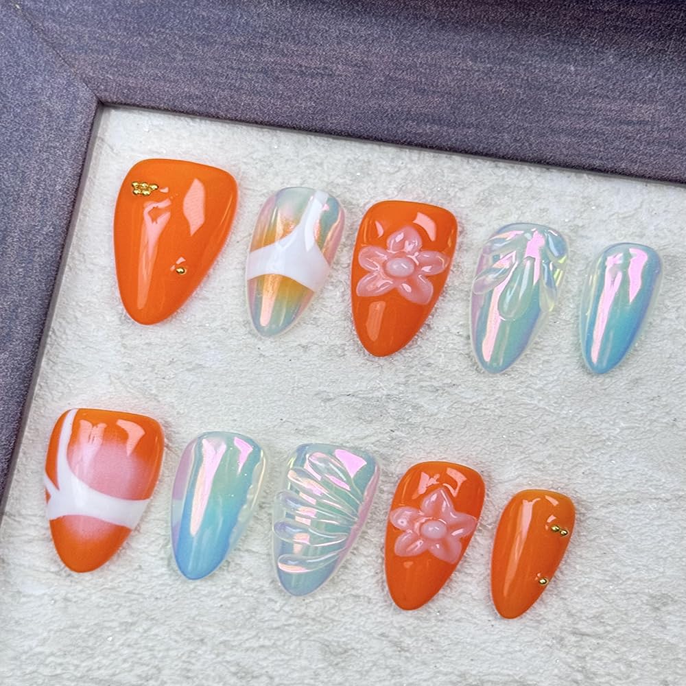 100% Handmade Press on Nails Medium Almond Handmade Nails with Rhinestone Flower Charm Design Orange False Nails Laser Nail Press ons Reusable Acrylic Fake Nail Stick on Nails for Women Size M 10Pcs