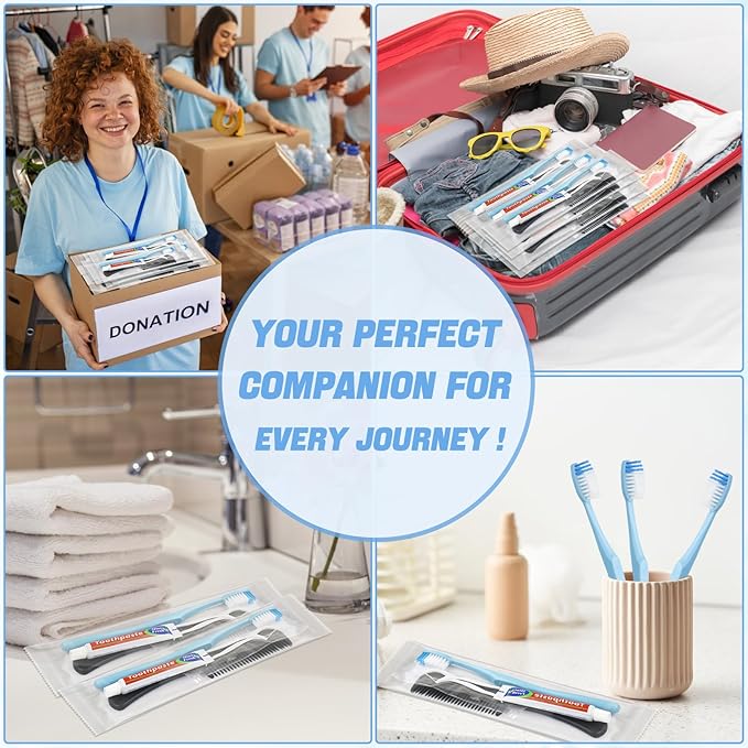 50 Sets Disposable Toothbrushes with Toothpaste Floss Comb Individually Wrapped, Disposable Toothbrush Bulk, 10g Toothpaste,Dental Floss,6in Comb Bulk Toothbrush Kit for Homeless,Airbnb,Hotel