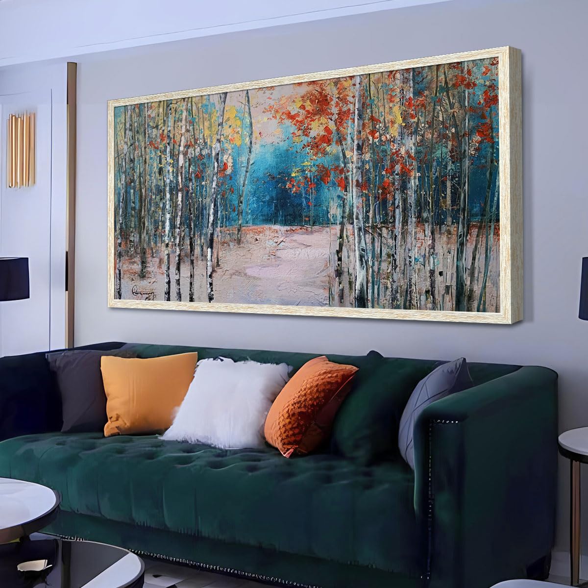Ardemy Landscape Canvas Wall Art for Living Room Blue Forest Painting White Birch Tree Scenery Picture Modern Green Nature Artwork Bedroom Home Office Wall Decor, Large Size Wood Framed 48"x24"