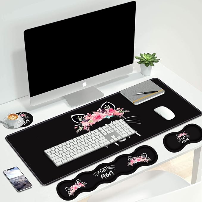 4 in 1 Ergonomic Keyboard Wrist Rest & Mouse Pad Wrist Rest Set, Large XXL Gaming Desk Mat 31.5"x 11.8" with Non-Slip Base, Memory Foam for Home Office Study Gaming, Cat Mom Floral