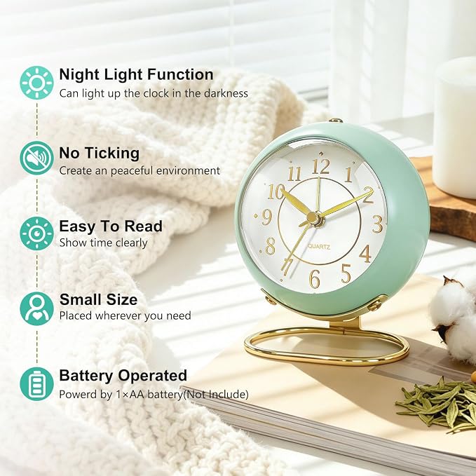 Analog Alarm Clock, Retro Small Desk Clock with Night Light, Backlight Cute Simple Design, Silent Non-Ticking, Battery Powered, Clock for Bedroom,Travel,Kitchen,Bedside Desktop Decor