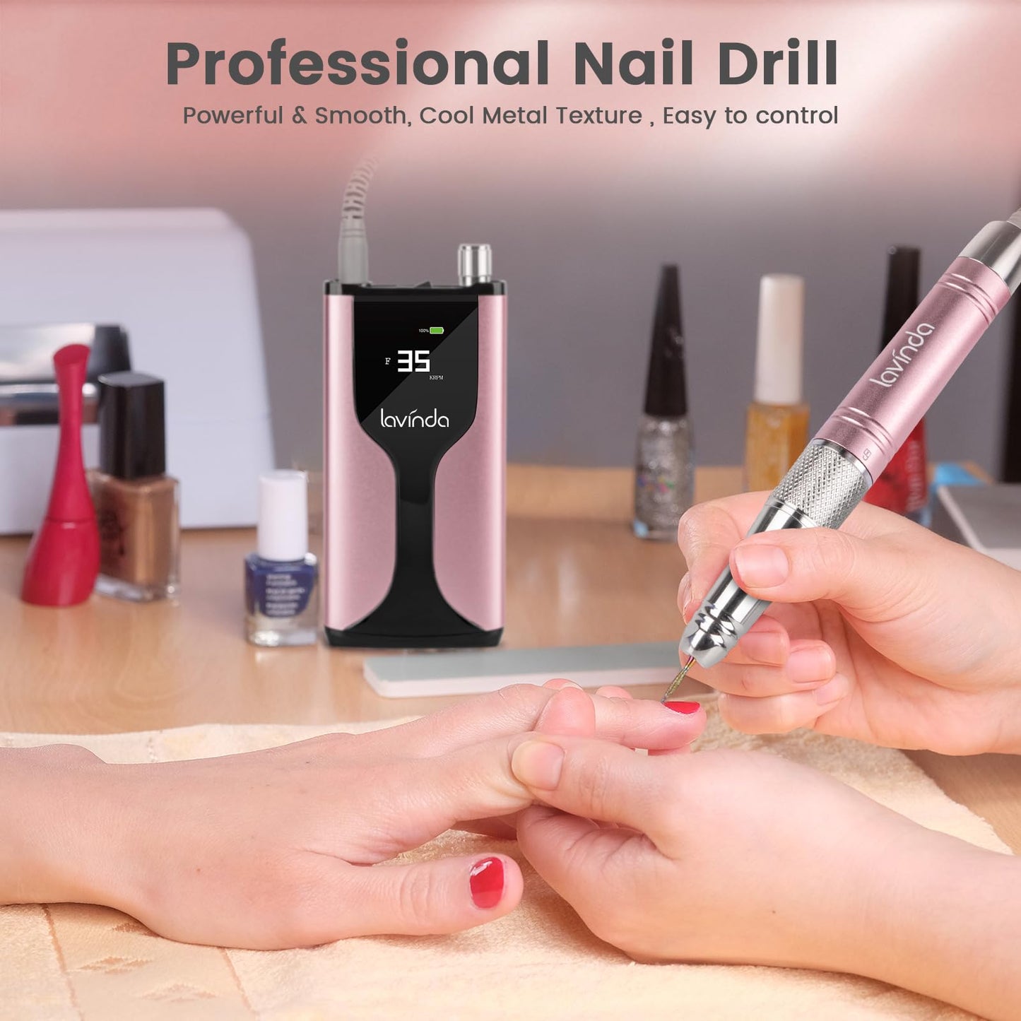 Lavinda Professional Rechargeable Nail Drill Machine, Cordless 35,000RPM Skyspace Brushless Nail Drill, Portable Electrical Nail File for Acrylic Nails with Protective Case, Rose Gold