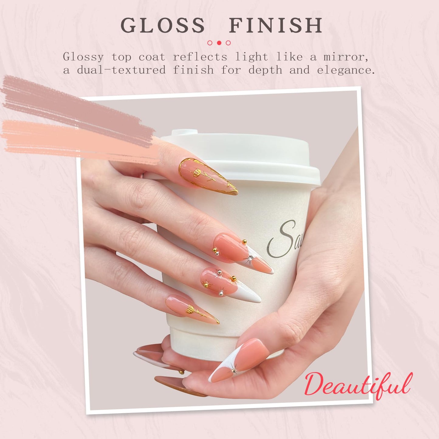 Luxury Long Stiletto Handmade Press-On Nails – Nude Almond Acrylic False Nails with 3D Rhinestones & White French False Nails – Reusable Nail Art(10PCS-S)