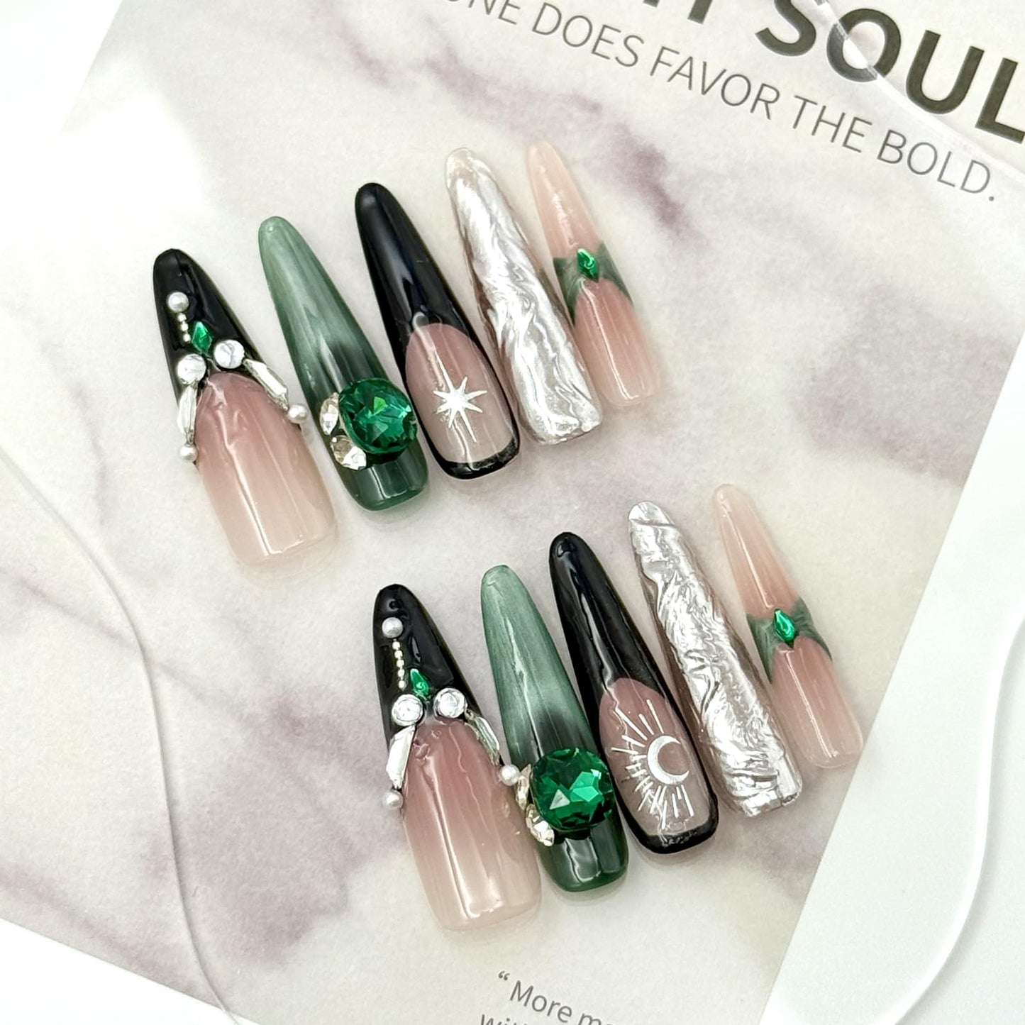Long Coffin Style Press-on Nails Stiletto Fake Nails,design with 3D Moon, green and silver, Bling Glitter, Exaggerated decoration. 10Pcs Nail Kit for Women Girls Luxury Manicure.