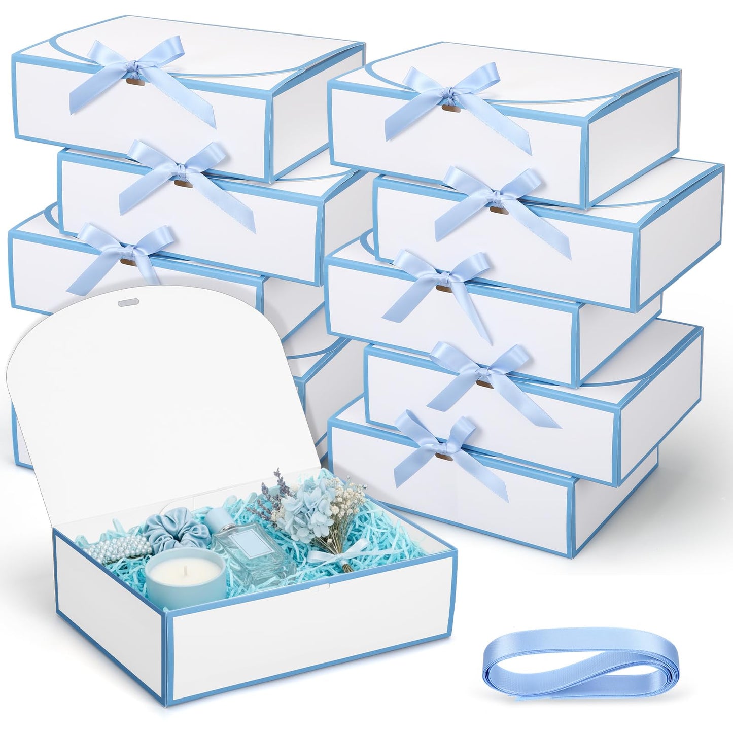 Silkfly 12 Pcs Bridesmaid Proposal Box with Ribbon, 10.6 x 8 x 3.15 Inch Gift Boxes with Lids Paper Gift Boxes for Wedding Baby Shower Birthday Party Present Packaging(White,Blue)