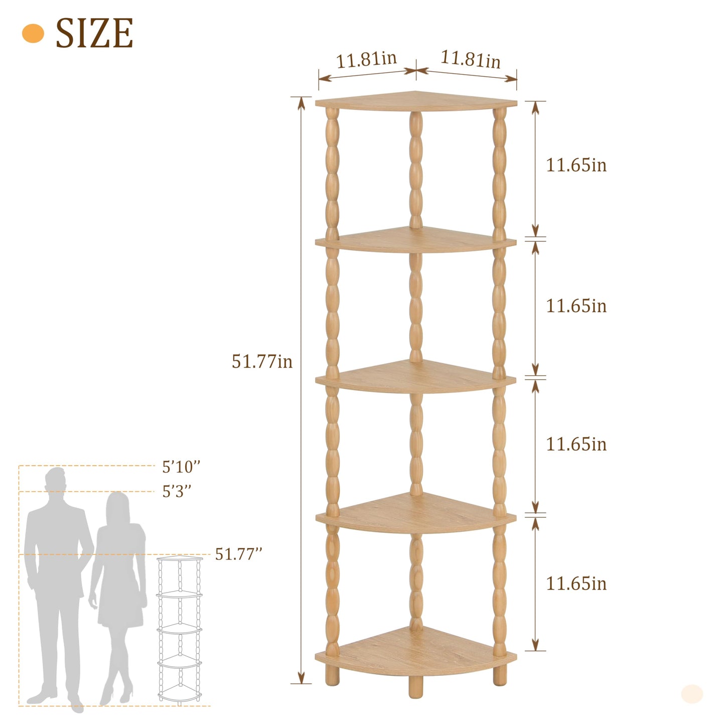 MaxSmeo Corner Bookshelf, 5-Tier Corner Shelf Stand, Modern Corner Plant Shelves with Storage, for Bedroom, Bathroom, Kitchen, Living Room (Rustic Walnut)