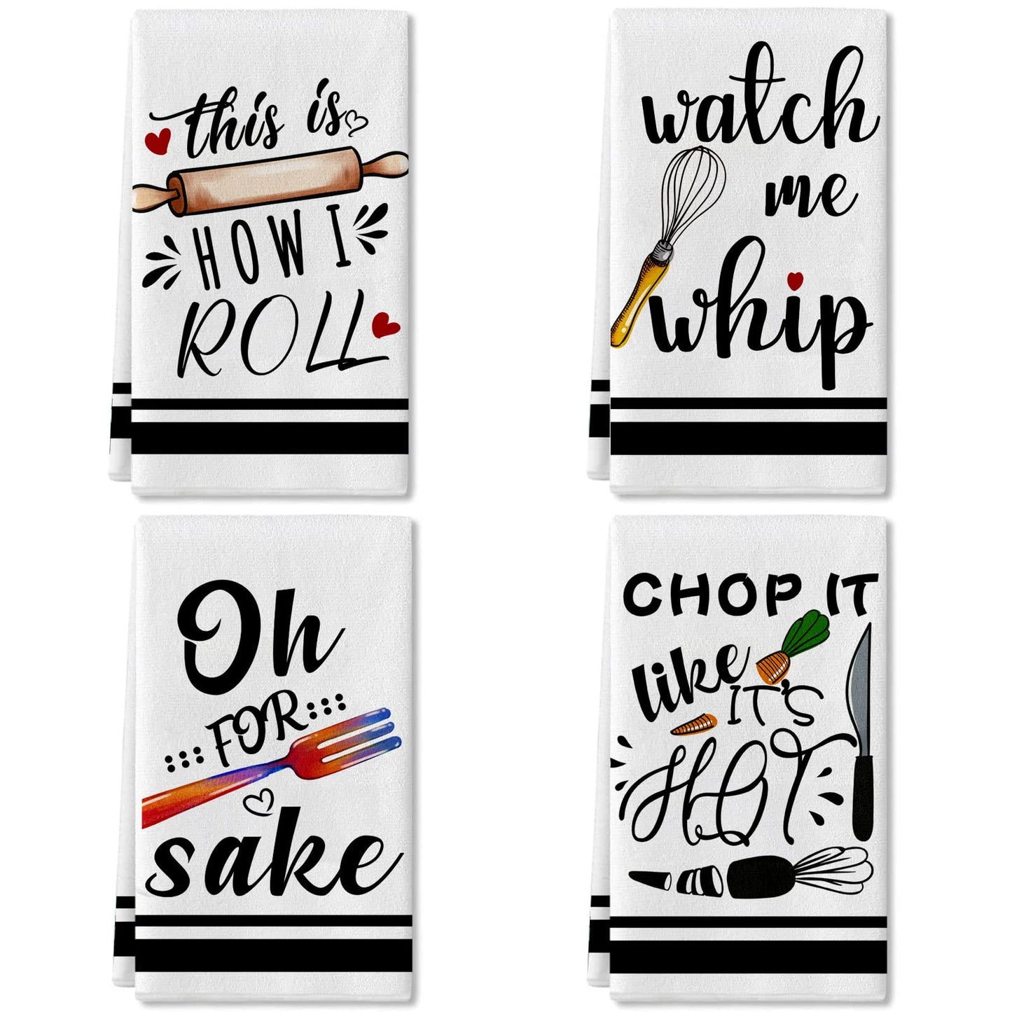 Lebsitey Funny Kitchen Towels and Dishcloths Sets of 4 Kitchen Towels with Sayings Egg Beater Rolling Pin Absorbent Drying Tea Dish Towel for Cooking Baking Home Decorations,18 x 28 Inch