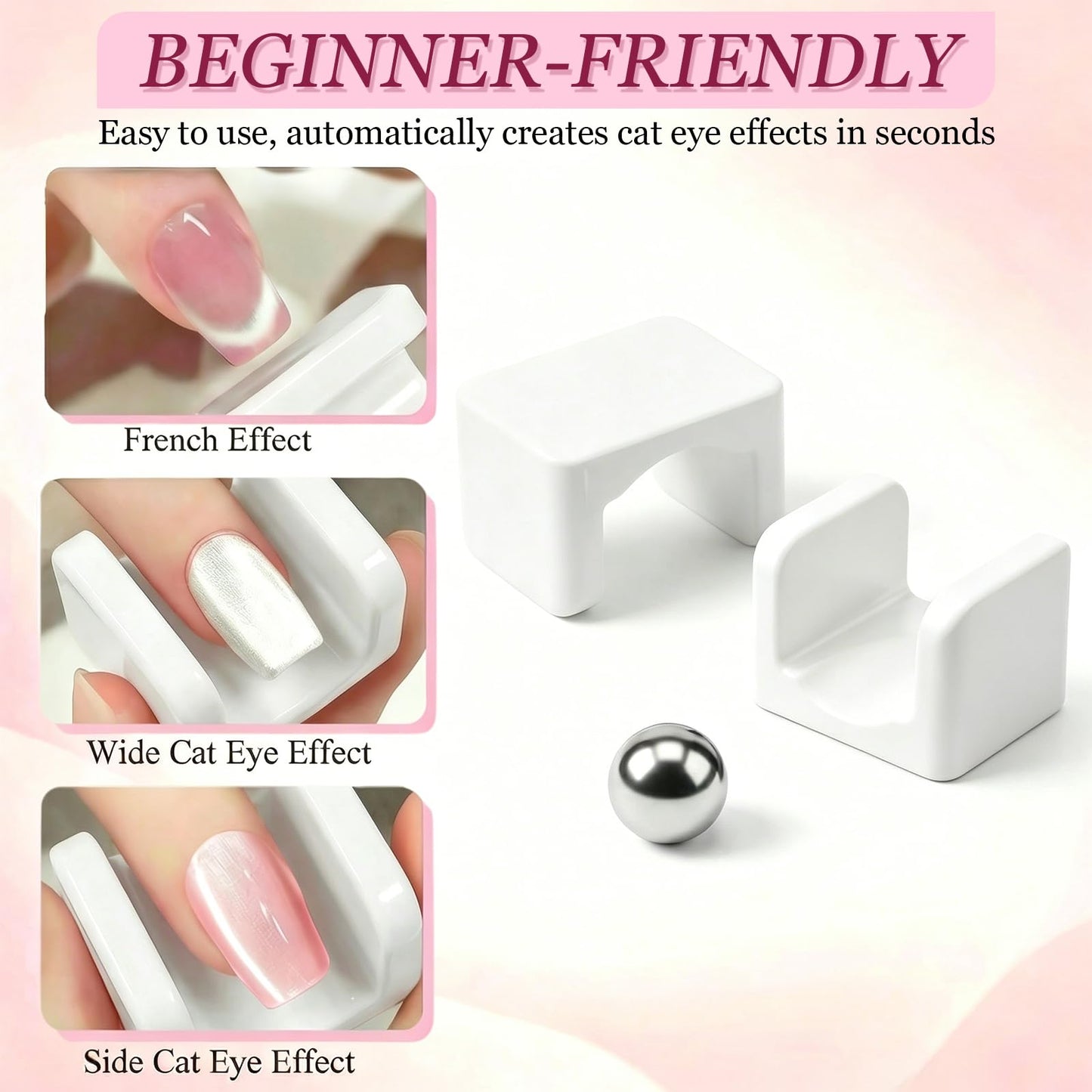 Plman 360° Rotating Cat Eye Magnet Set for Cat Eye Gel Polish, Nail Art Tool with U-Shaped Magnet for Beginners DIY Salon, Open Space Design Magnetic Nail Tool for 3D Effects (Rotating+U-shaped White)