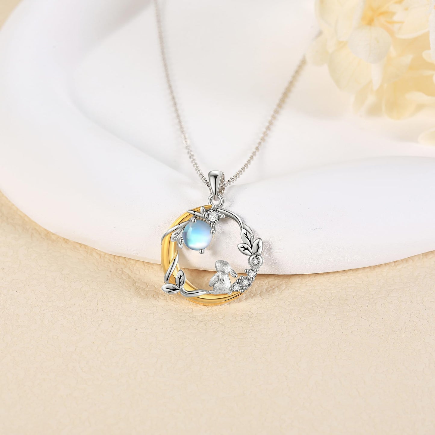 YAFEINI Bunny Moon Necklace Sterling Silver Rabbit Pendant Animal Mother's Day Jewelry for Women Mom