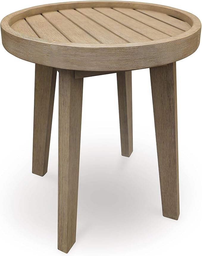 Signature Design by Ashley Bradstreet Bay Casual Weather Resistant Eucalyptus Wood Outdoor End Table with Slatted Top, Light Brown