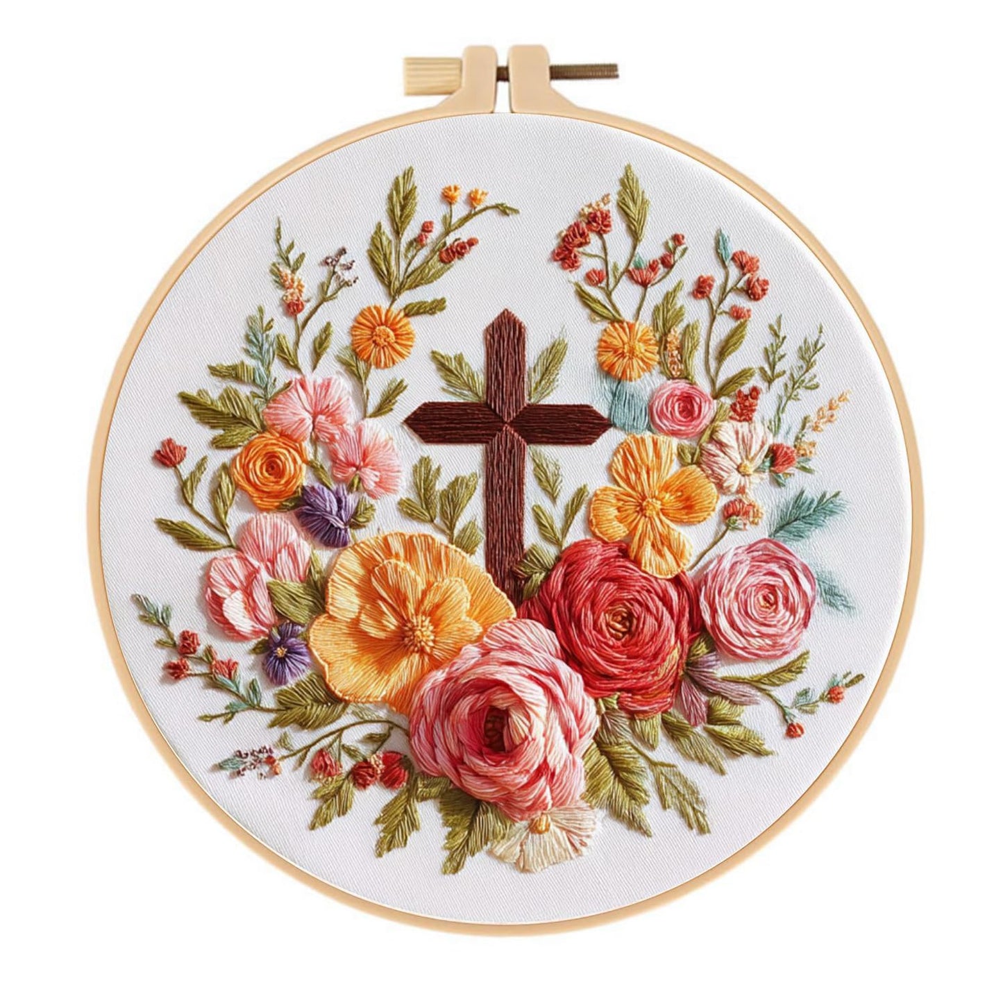ZGEZGE Cross and Flower Embroidery Beginner Kit – Christian Embroidery, Includes Embroidery Hoop, pre-Printed Cotton Fabric, Scissors, Threader, and unraveler – Easter Gifts and Home Decor