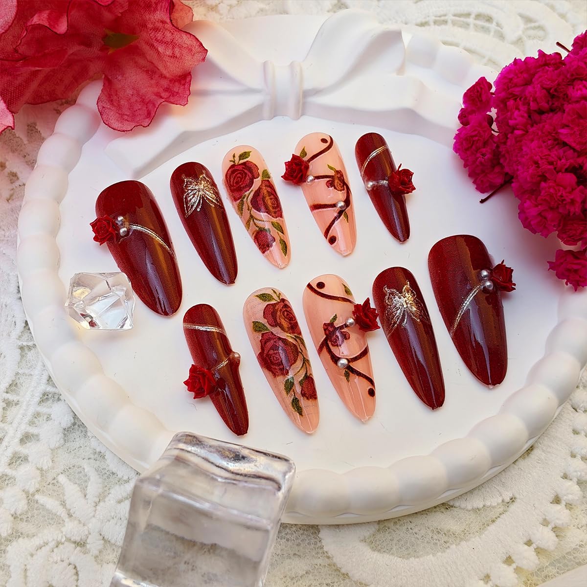 30Pcs Rose Flower Press on Nails Long Stiletto Fake Nails with 3D Pearls Rose Design Spring False Nails Silver Butterfly Glue on Nails Red Almond Acrylic Nails Floral Artificial Nails Decor for Women