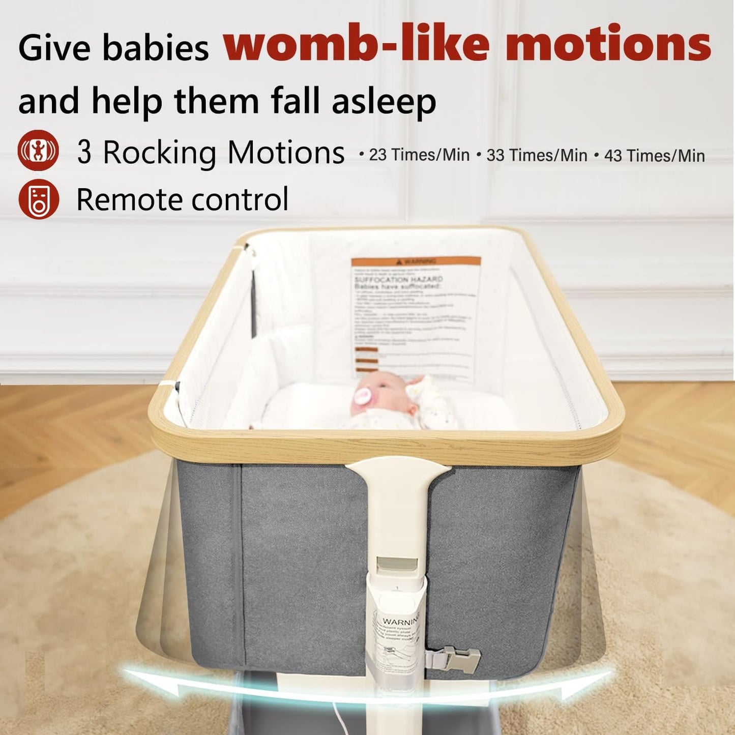 VaVaSoo Electric Rocking Bassinet for Baby 3 Speeds Auto Rolling Newborn Cradle Automatic Bedside Sleeper Rocks Itself 5 Height Adjustable with Music, Wheels, Storage, Light Grey