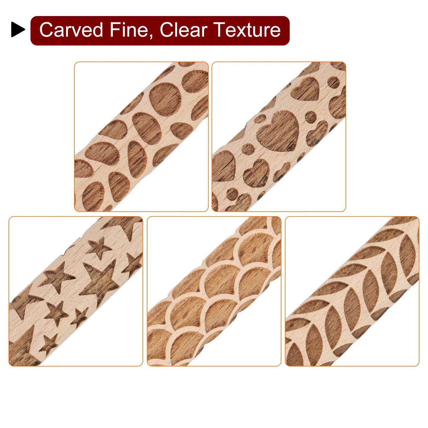 HARFINGTON 5pcs Wood Clay Roller 4" Star Pattern Rolling Pins Wood Rollers Pottery Tools Wood Grain Texture Rollers for Clay Baking Dough Playdough DIY