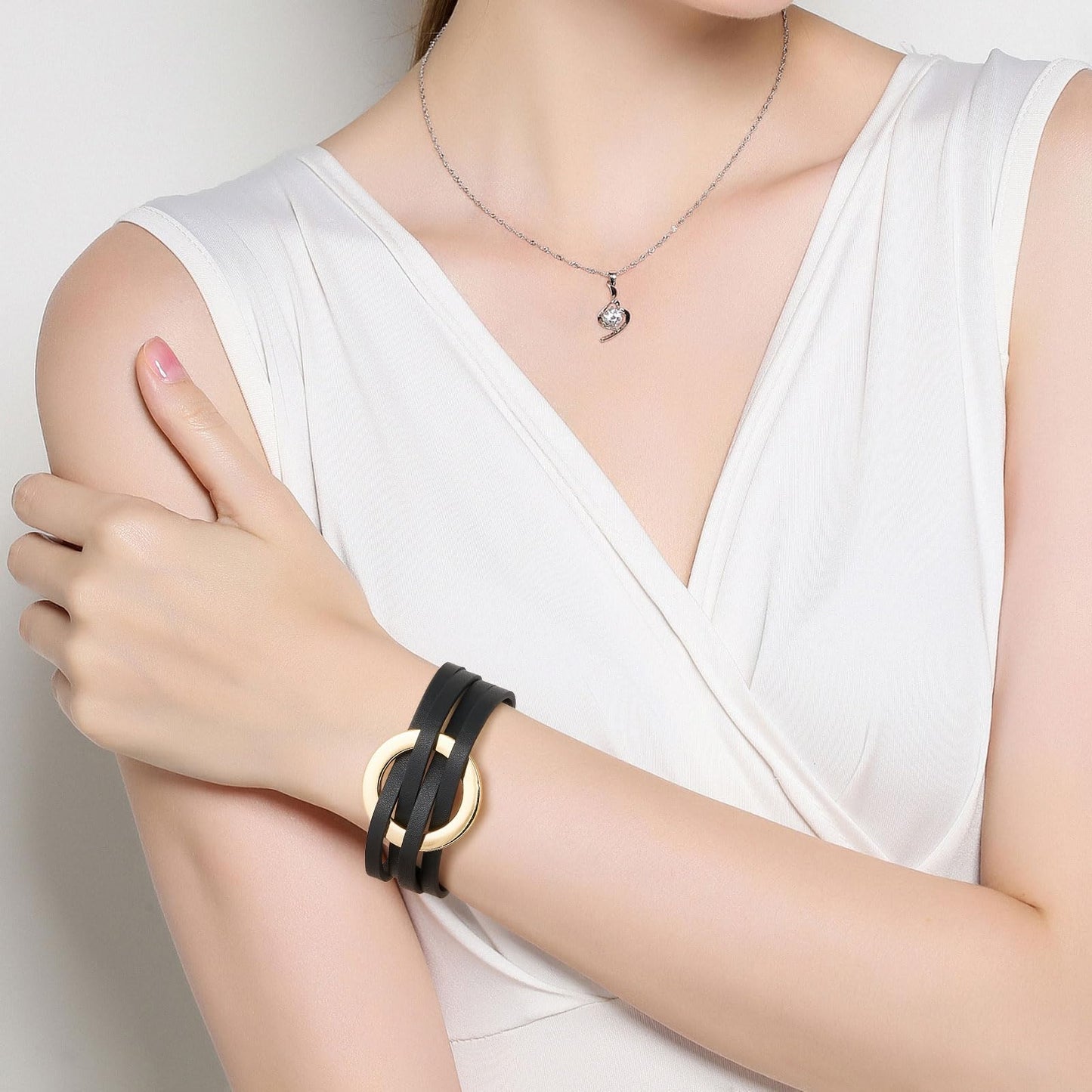 QIUTIMIY Leather Bracelets for Women Trendy Boho Cuff Bracelet Layered Bangle with Clasp Hand Wrist Jewelry Western(Style 9-Black)