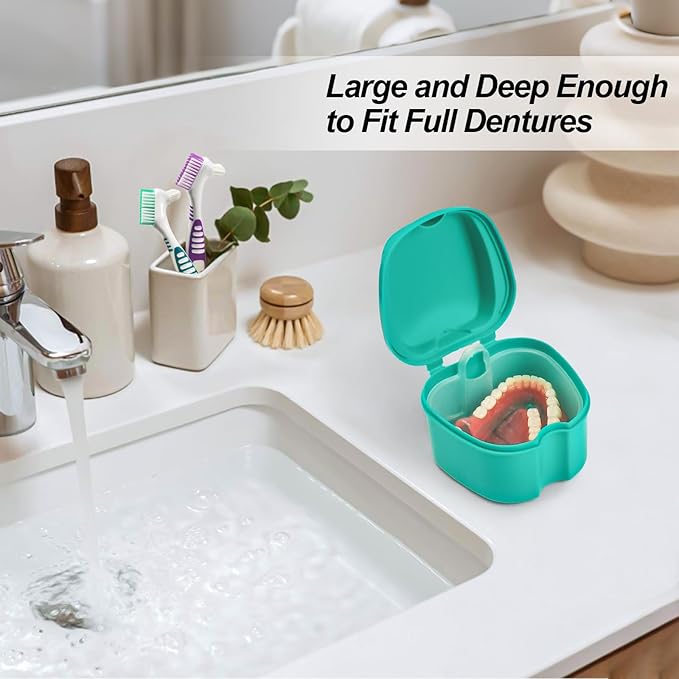 2 Pack Partial Denture Bath Case Retainer Cleaning Case Travel, Denture Storage Container False Teeth Case Denture Cups for Soaking Full Dentures, Braces, Mouth Guard - Lake Green & White