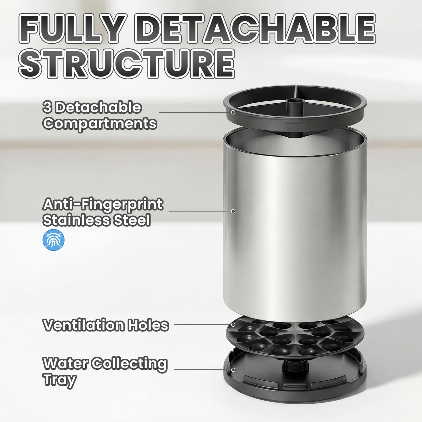 TODAYGO Utensil Holder For Kitchen Counter, Large 360°Rotating Stainless Steel Utensil Crock with 3 Compartment, Drainage Non-Slip