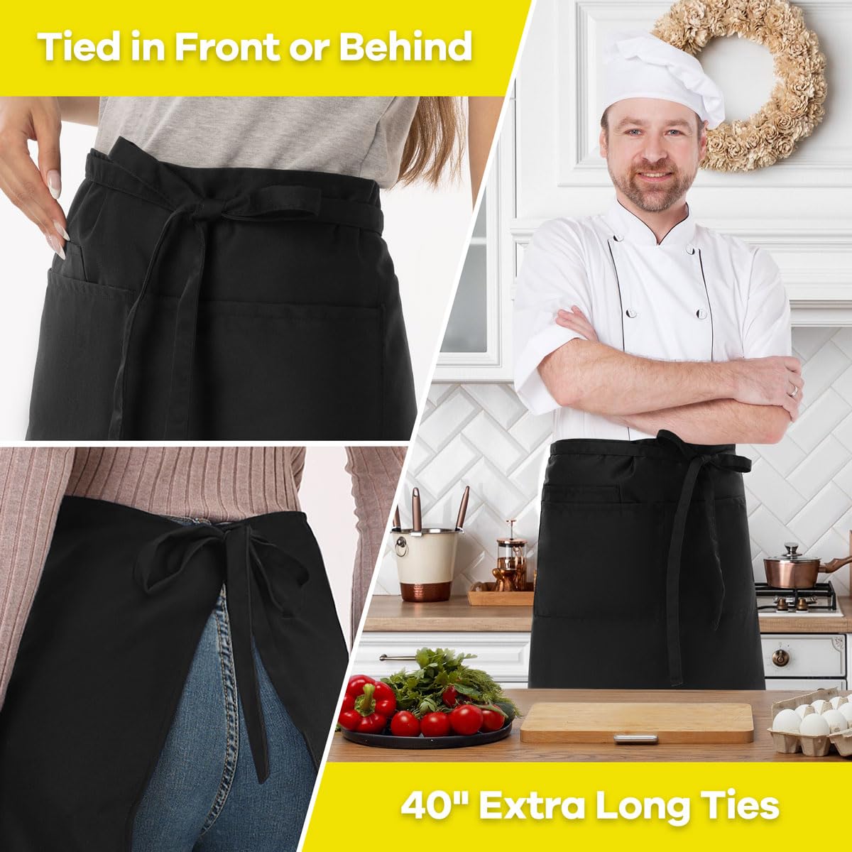 ROTANET Server Apron 2 Pack Black with 3 Pockets 18 Inch Long Waiter Waitress Bistro Half Waist Aprons for Women Men Waterproof
