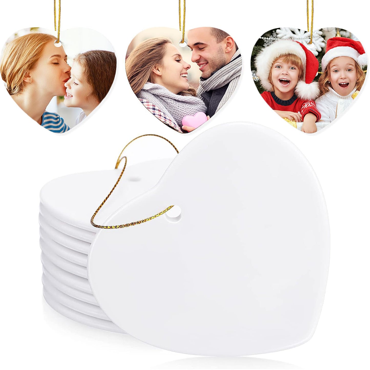 WILLBOND Heart Sublimation Blank Ceramic Ornament 3 Inch White Heart Ceramic Ornament with Gold String for Valentine DIY Crafts Valentine's Day Personalized Decorations